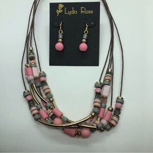 Pink & Gray Layered Beaded Necklace with Matching Earrings